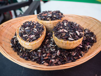 High angle view of bread in basket on table