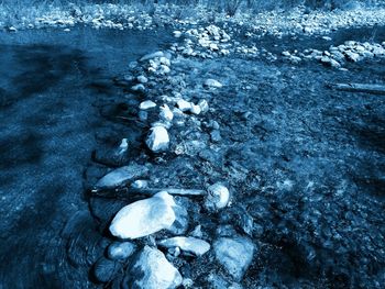 High angle view of frozen water on land