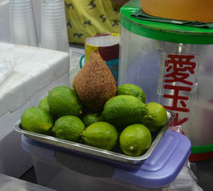 High angle view of fruits in container