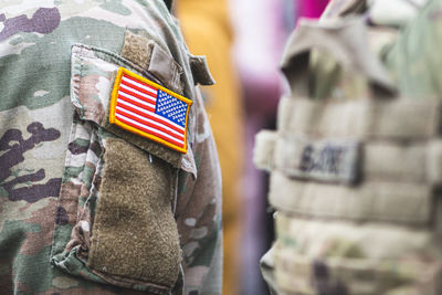 Flag of united states marine corps, usa or us army, on a soldier uniform, nato and america alliance 