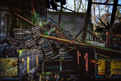 Old potatoe crates in a decayed barn.