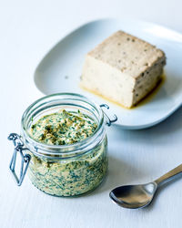 High angle view of food in glass jar on table