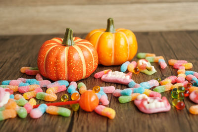 Close-up of pumpkins on table