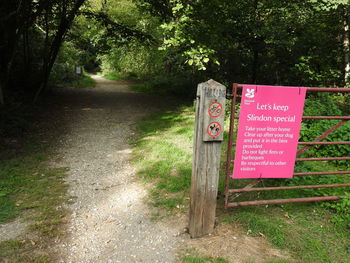 Information sign on road amidst trees in forest