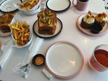 High angle view of breakfast served on table