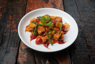 High angle view of meal served on table