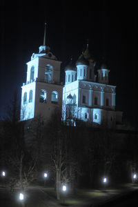 Low angle view of illuminated building at night