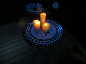 Lit candle in dark room