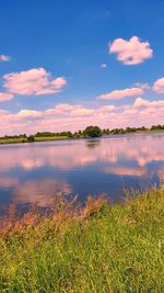 Scenic view of lake against sky during sunset