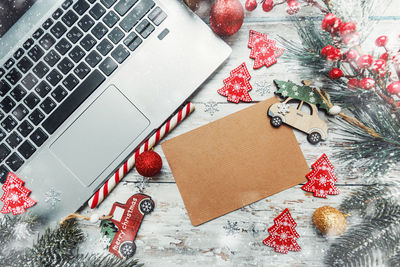 High angle view of christmas decorations on table