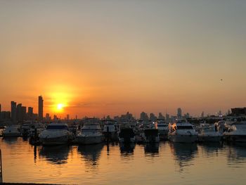 Boats in marina at sunset