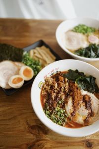 High angle view of ramen served on table