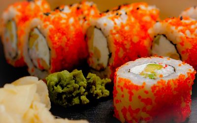 Close-up of sushi served on plate