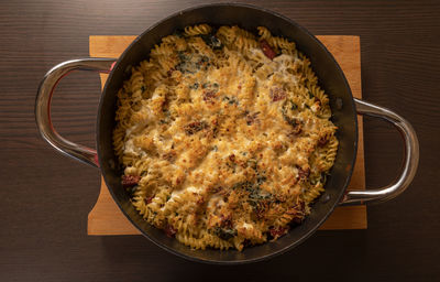 High angle view of food in plate on table