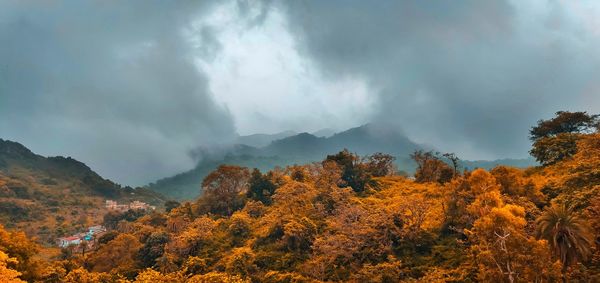 Panoramic view of trees and mountains against sky