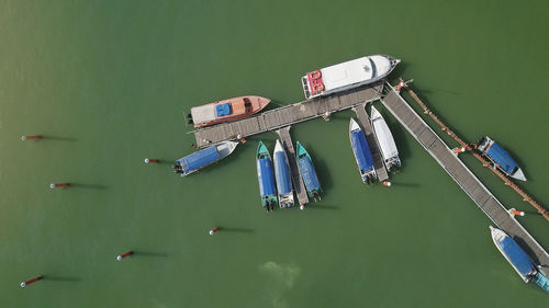 High angle view of boats moored in lake