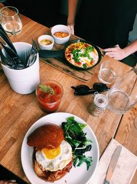 High angle view of breakfast served on table