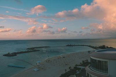 High angle view of sea against sky during sunset