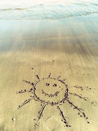 High angle view of sun drawn at beach