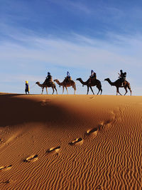 Silhouette people riding horse on desert against sky
