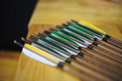 High angle view of colored pencils on table