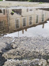 Reflection of building in puddle