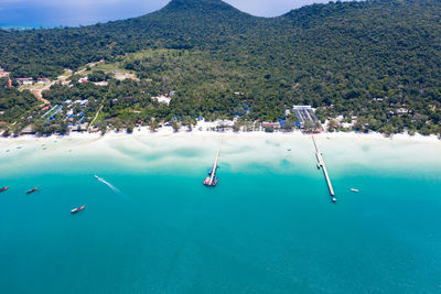 High angle view of sailboats in sea