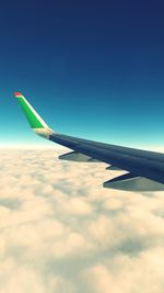 Close-up of airplane wing against clear blue sky