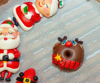 High angle view of christmas decorations on table