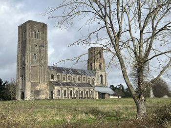 Landscape wymondham abbey norfolk uk, historic  two tower stone building in grass grave yard tree 