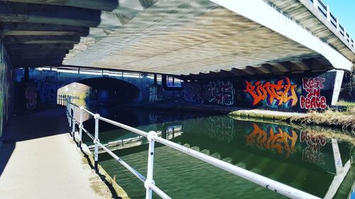 Bridge over river amidst buildings