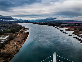 High angle view of river amidst mountains against sky