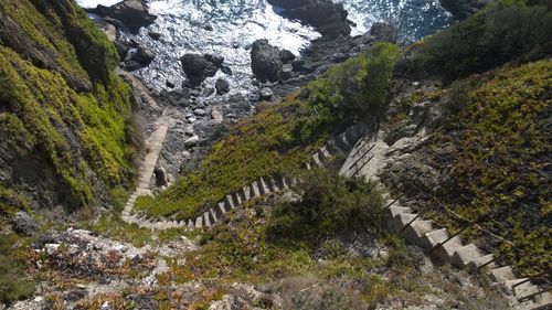 High angle view of stairs on shore