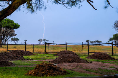 Mud heaps on field against blue sky