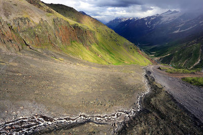 Scenic view of mountains against cloudy sky