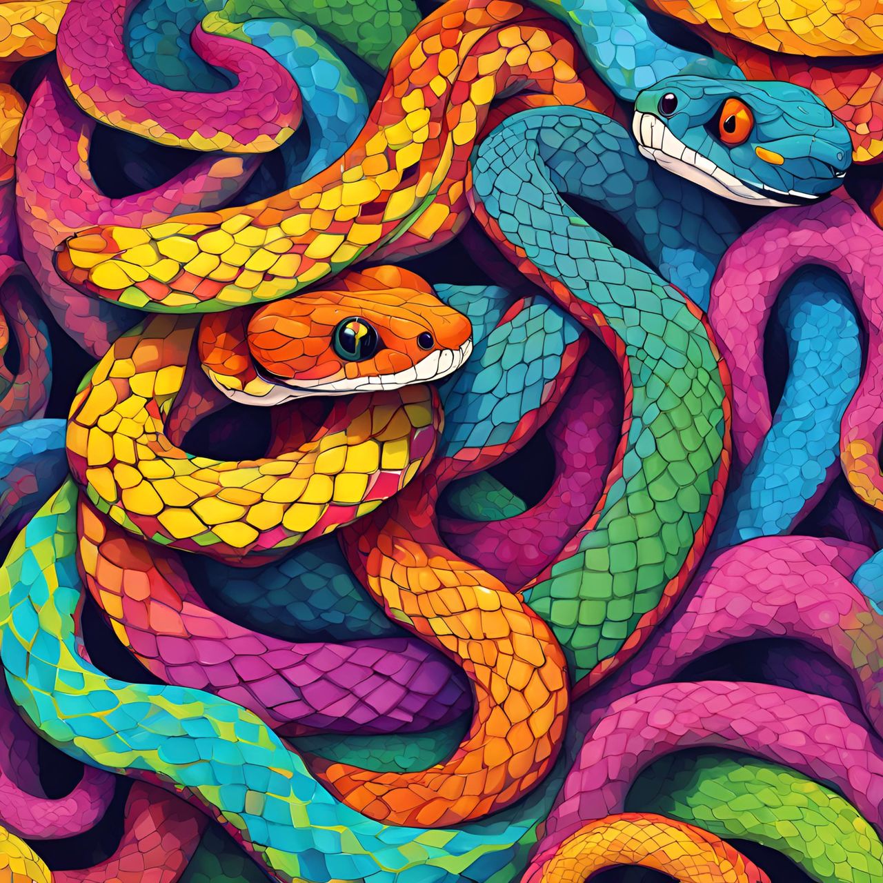 multi colored, serpent, full frame, psychedelic art, no people, backgrounds, animal, animal themes, pattern, art, animal representation, creativity, snake, close-up, craft, reptile