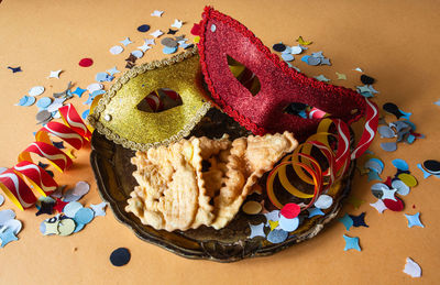 High angle view of christmas decorations on table