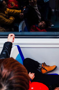 High angle view of people sitting in bus