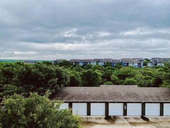 Plants and trees by building against sky