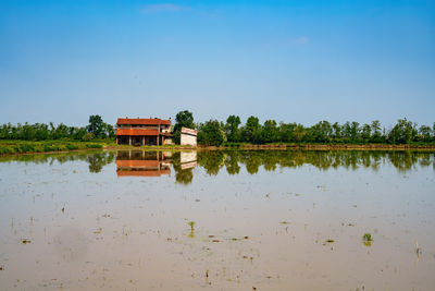 Scenic view of lake against clear blue sky