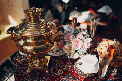 Close-up of tea light candles on table