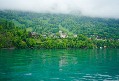 Beautiful lake brienz, switzerland with fog