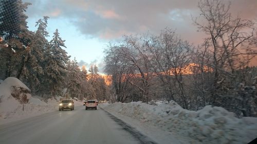 Cars on road against sky during winter