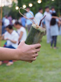 Midsection of woman holding leaf on field