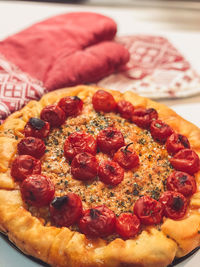 High angle view of pizza in plate on table