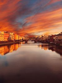 Bridge over river by illuminated buildings against sky during sunset
