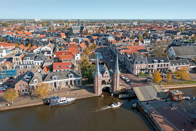 Aerial from the city sneek with the watergate in friesland the netherlands