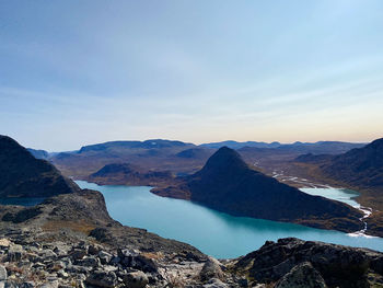 Panoramic view of lake and mountains against sky