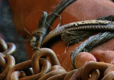 Close-up of chain and rope on human foot