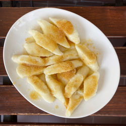 High angle view of dessert in plate on table